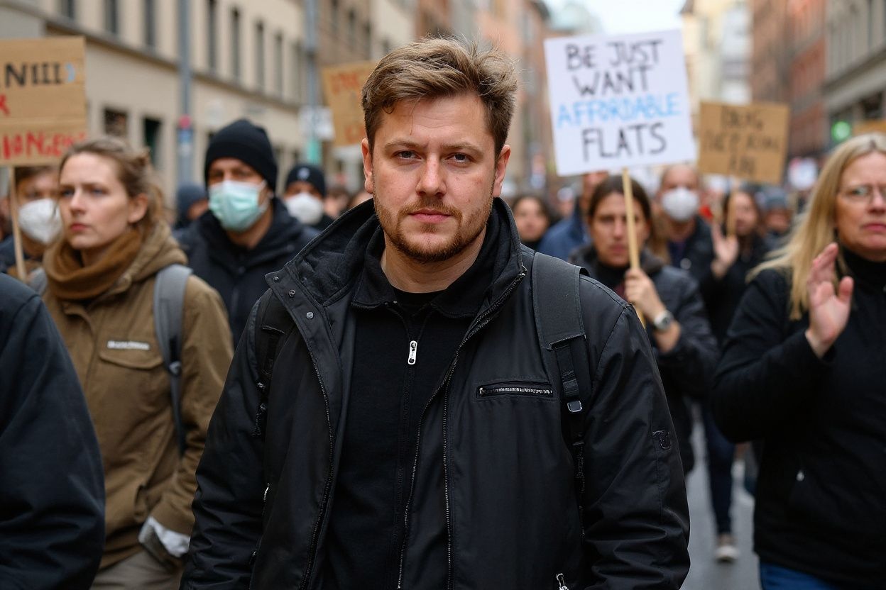 People in Berlin take part in a protest march with a placard which reads “We just want affordable flats”. Source: Tobias Schwarz /