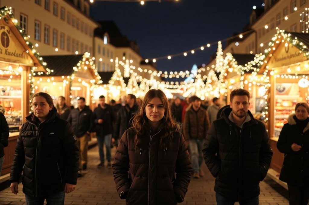 People are pictured as they stand and walk at a Christmas market among booths and light decorations in Heidelberg, Germany, on December 06, 2022. (Photo by Daniel ROLAND / )