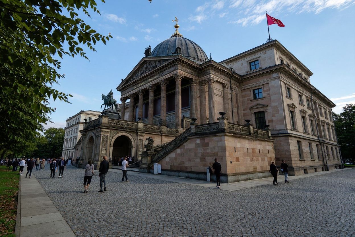 Tourists walk past the entrance of the Alte Nationalgalerie museum on Berlin’s Museums Insel on September 3, 2024. (Photo by John MACDOUGALL / ), shot on Sony A7R IV, 85mm f/1.4 lens, RAW photograph, unedited, candid moment, natural lighting, photojournalistic style | NEGATIVE: AI generated, artificial, computer generated, digital art, 3d render