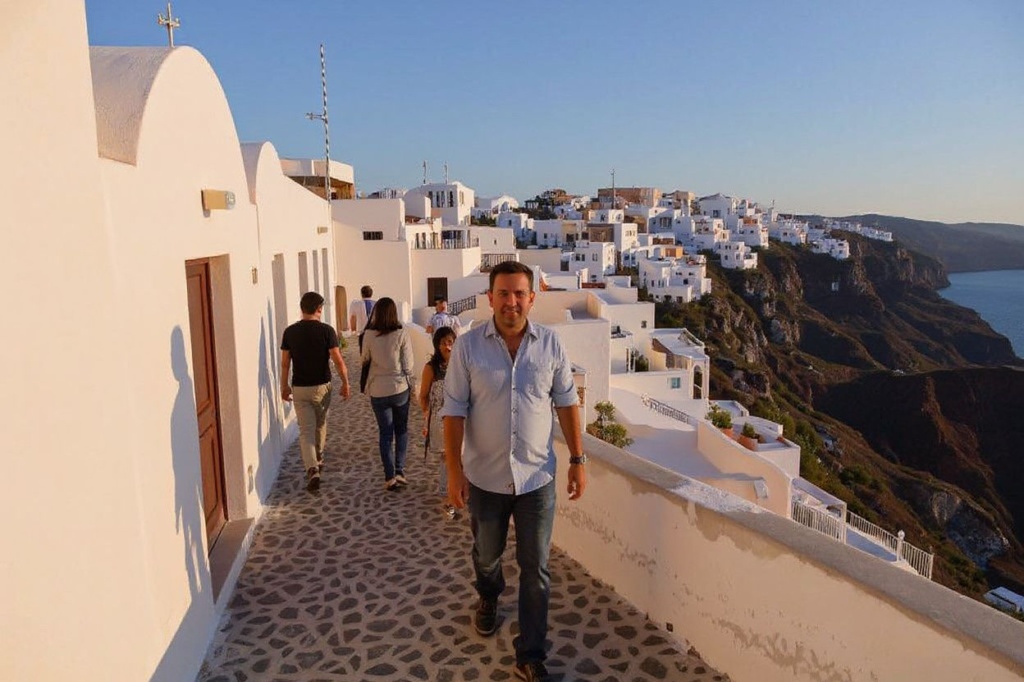 People walk in the empty alleys in the town of Oia in the island of Santorini on June 14, 2020 as the country prepares for the return of tourists to Greece from around 30 countries by air, sea and land. From the emblematic island of Santorini, Greek Prime Minister said on June 13 that Greece is “ready to welcome tourists” in complete safety after the coronavirus lockdown, whose impact on tourism will be “significant”. With its postcard landscape splashed with sunshine, the island of Santorini, one of the most touristic in Greece, awaits the return of tourists on June 15, divided between impatience to revive its effervescence and fear of seeing the coronavirus emerge from which it had so far been preserved. (Photo by ARIS MESSINIS / )