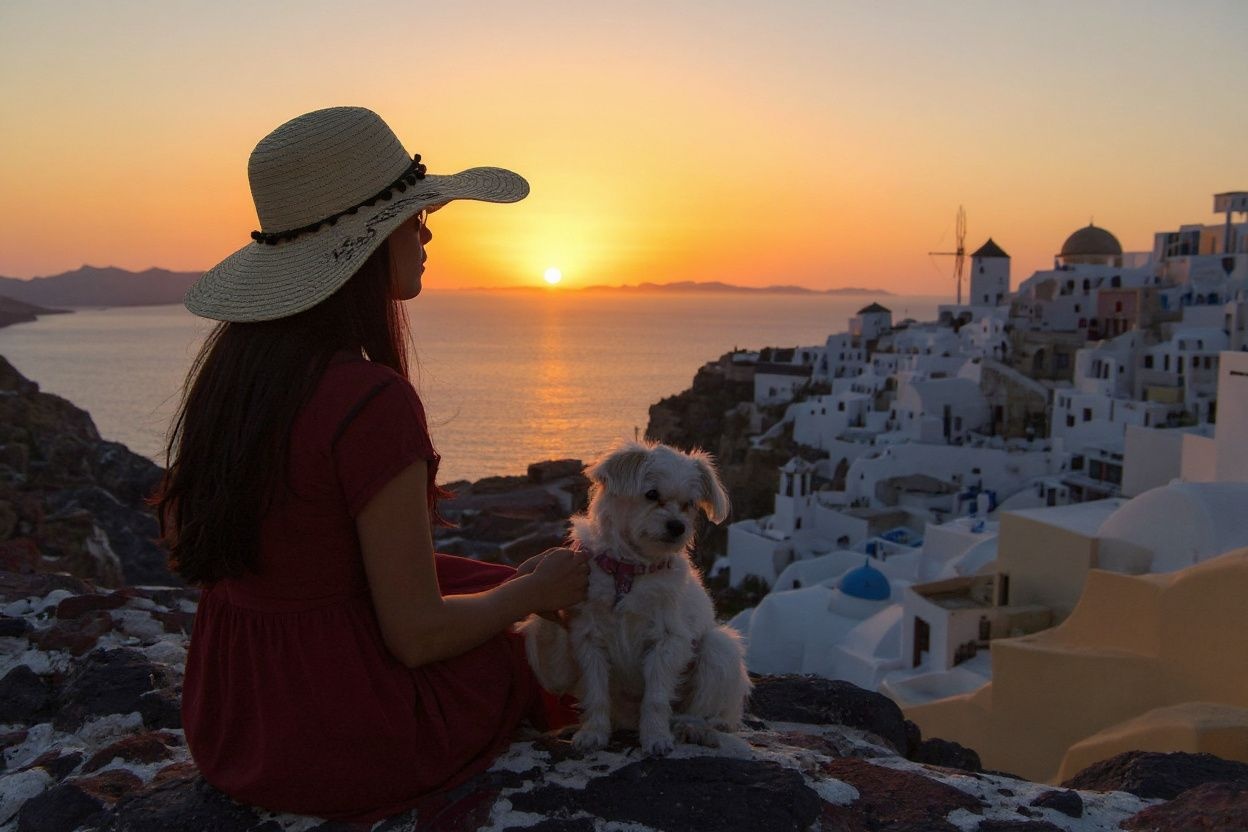 A woman sits with her dog as she looks at the sunset in the town of Oia in the island of Santorini on June 14, 2020 as the country prepares for the return of tourists to Greece from around 30 countries by air, sea and land. From the emblematic island of Santorini, Greek Prime Minister said on June 13 that Greece is “ready to welcome tourists” in complete safety after the coronavirus lockdown, whose impact on tourism will be “significant”. With its postcard landscape splashed with sunshine, the island of Santorini, one of the most touristic in Greece, awaits the return of tourists on June 15, divided between impatience to revive its effervescence and fear of seeing the coronavirus emerge from which it had so far been preserved. (Photo by ARIS MESSINIS / )