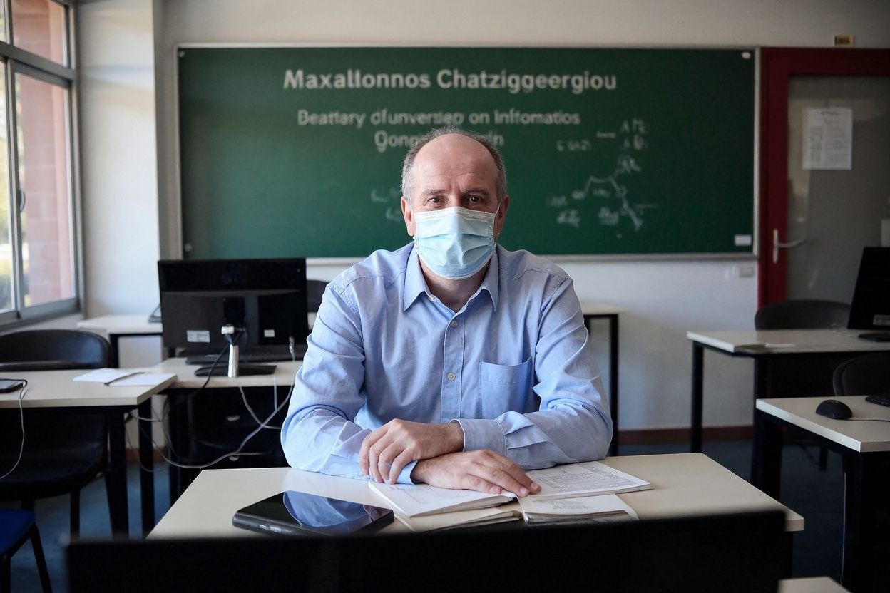Alexandros Chatzigeorgiou, Dean and Professor of the Department of Applied Informatics poses is seen in a classroom in the University of Macedonia, in Thessaloniki. Source: Sakis Mitrolidis/