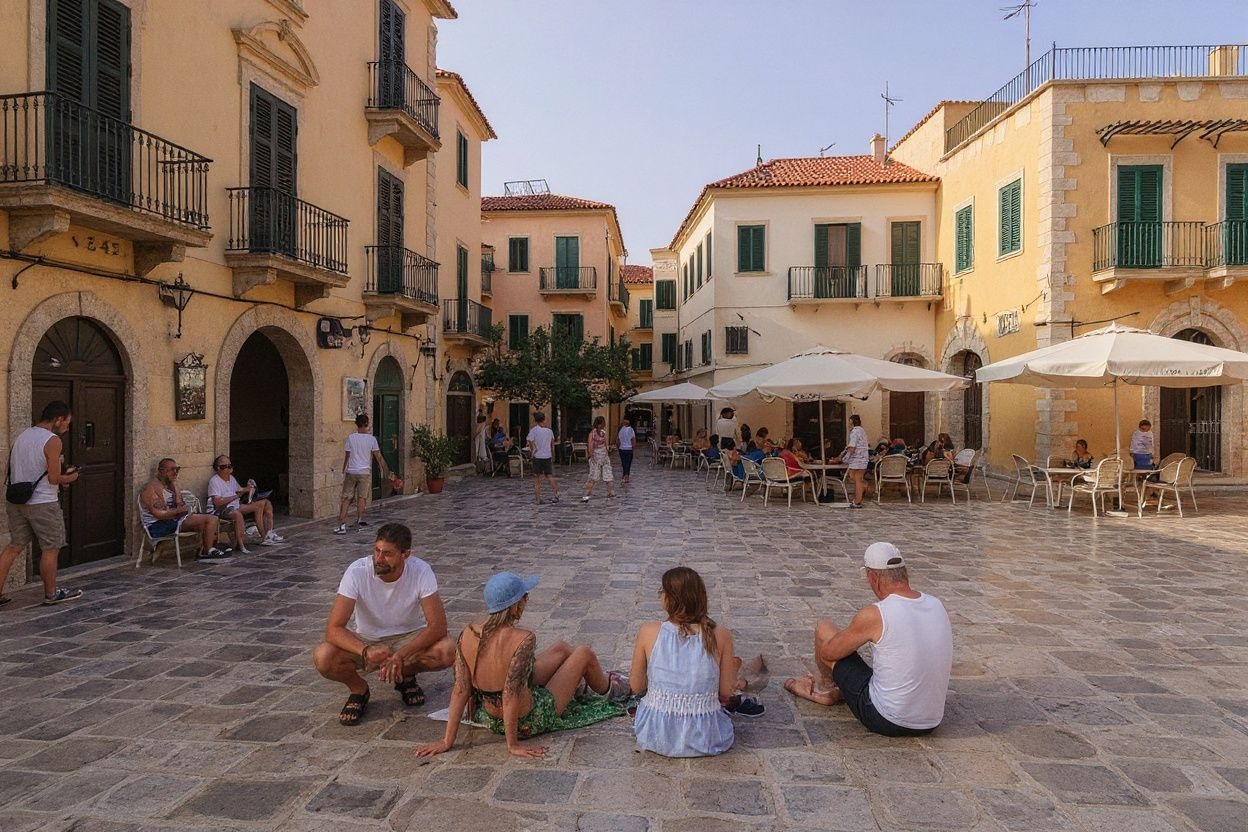 Tourists sit in the old town of Chania on the Greek mediterranean island of Crete on July 19, 2022, while temperatures remain at normal for the season levels despite the heatwave in northern parts of Europe. Crete island is reaching its touristic full capacity, as Greece is recovering Covid-19 related losses fast approaching pre-pandemic 2019 levels in terms of arrivals and revenues. (Photo by Louisa GOULIAMAKI / )