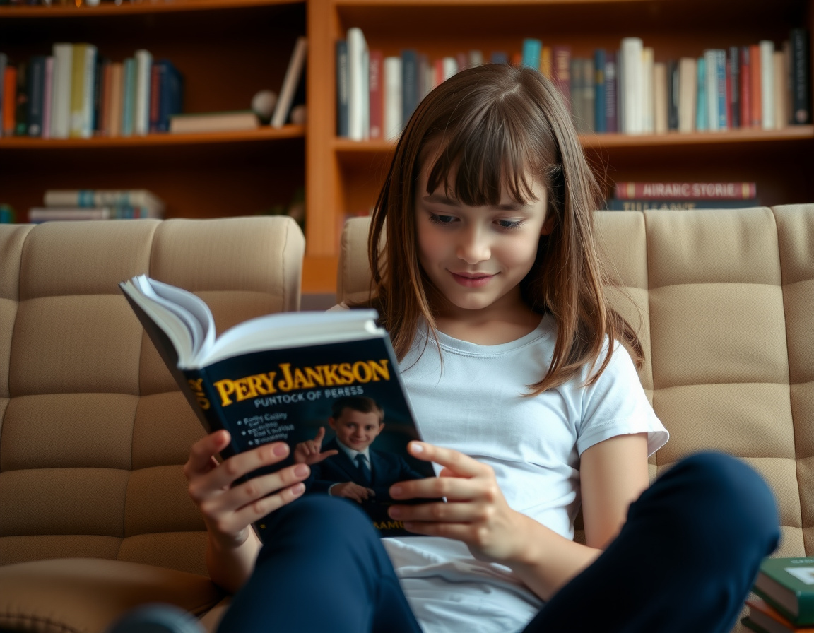 Could she be reading Percy Jackson?, shot on Sony A7R IV, 85mm f/1.4 lens, RAW photograph, unedited, candid moment, natural lighting, photojournalistic style | NEGATIVE: AI generated, artificial, computer generated, digital art, 3d render