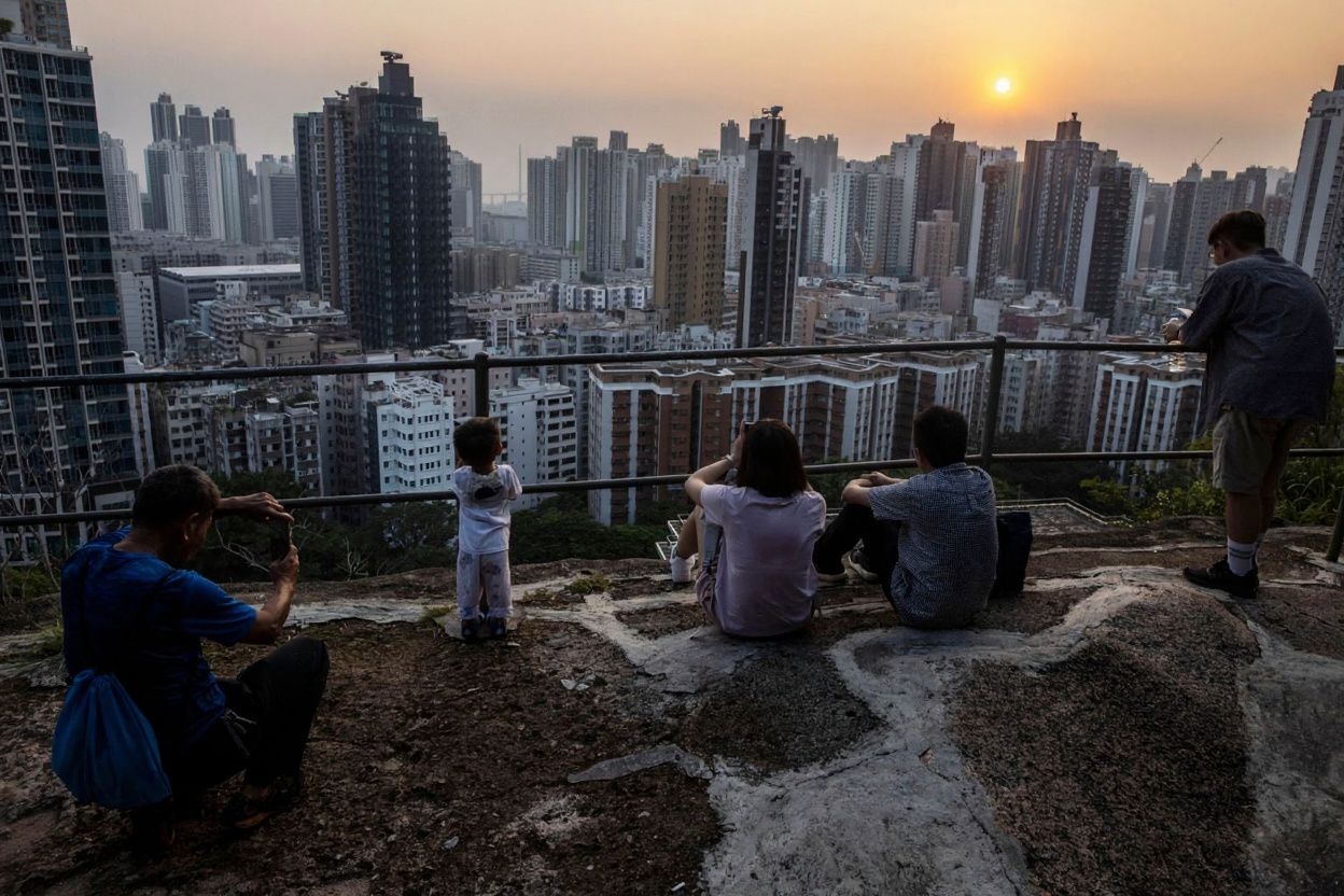 People watch the sunset from Garden Hill look out in Sham Shui Po in Hong Kong.