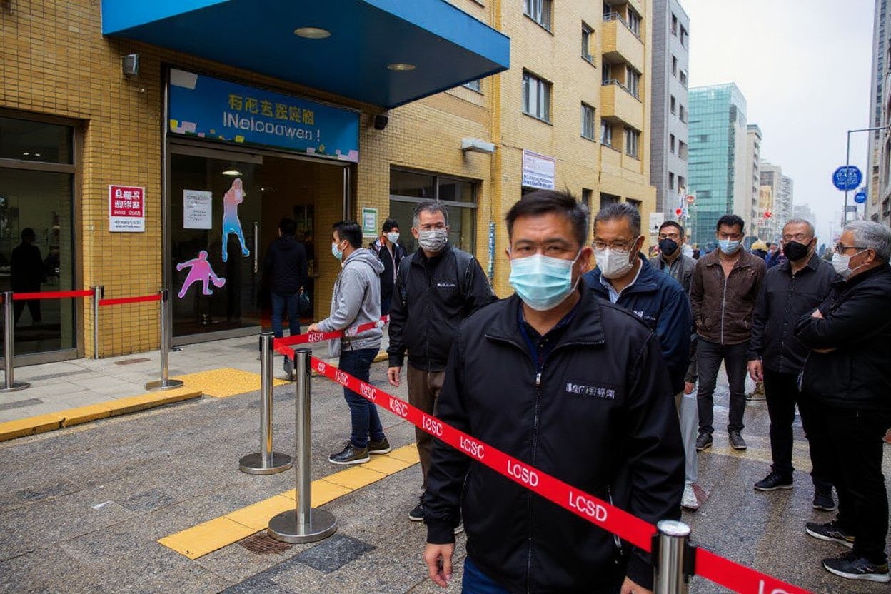 People queue outside a sports centre to receive China’s Sinovac COVID-19 coronavirus vaccine in the Kowloon Bay district of Hong Kong on February 26, 2021. Source: Isaac Lawrence/