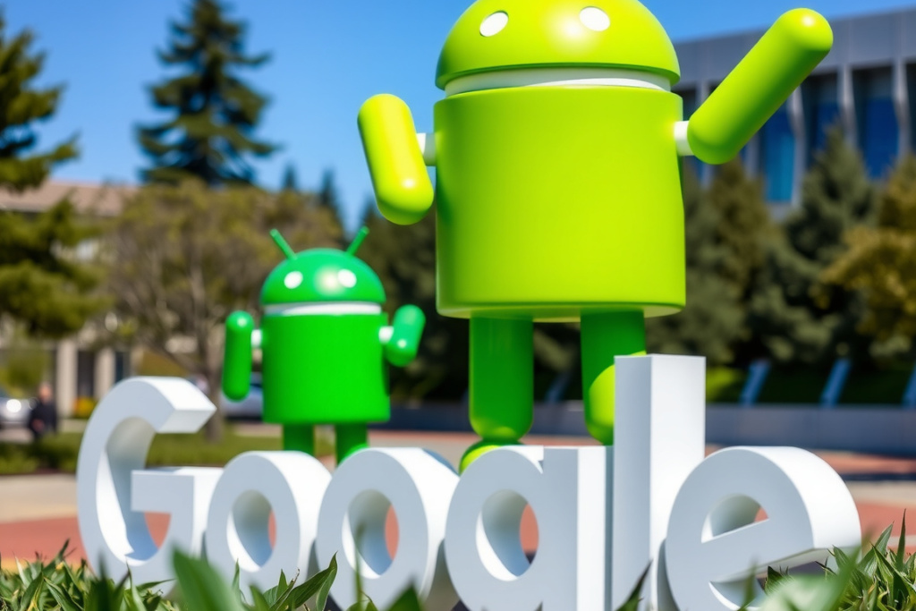 A Google logo and Android statue are seen at the Googleplex in Mountain View, California., shot on Sony A7R IV, 85mm f/1.4 lens, RAW photograph, unedited, candid moment, natural lighting, photojournalistic style | NEGATIVE: AI generated, artificial, computer generated, digital art, 3d render