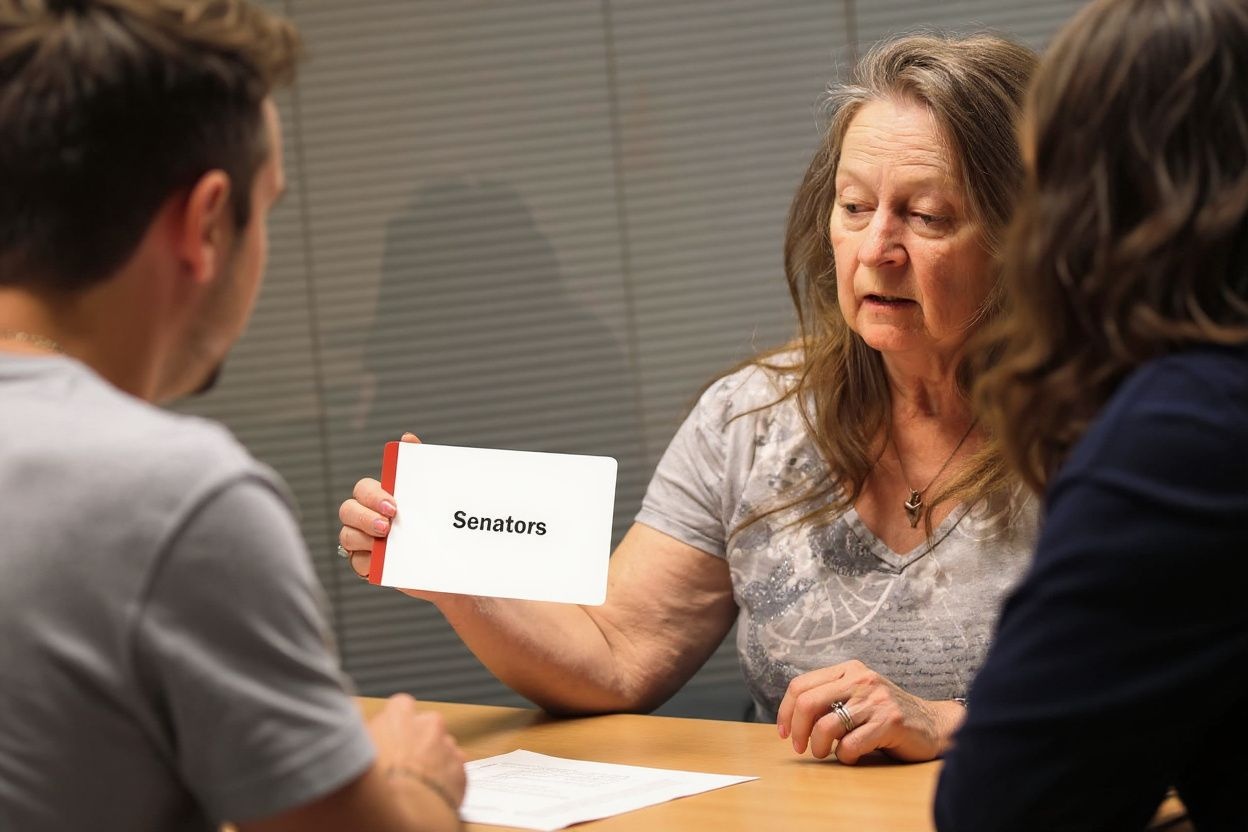 A mentor using flash cards to help prepare a student for their English proficiency test. Source: