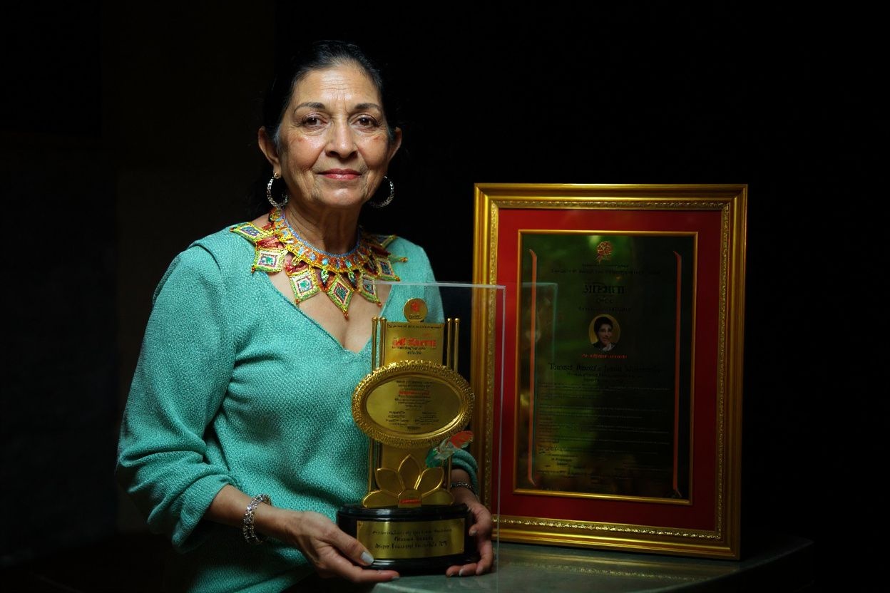 Indian dancer, writer and actor Mallika Sarabhai poses with the “Bharat Asmita Jana Shreshtha 2011” award at her residence in Ahmedabad on February 5, 2011. The award was presented to Sarabhai for her contributions in the use of arts for public awakening.  PHOTO / Sam PANTHAKY (Photo by SAM PANTHAKY / )