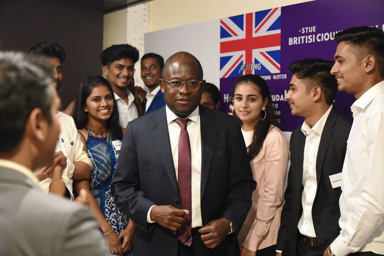 British Minister of State for Higher Education Sam Gyimah (C) meets with Indian students who got scholarships in the UK, at the British Council in New Delhi on July 26, 2018. (Photo by PRAKASH SINGH / )