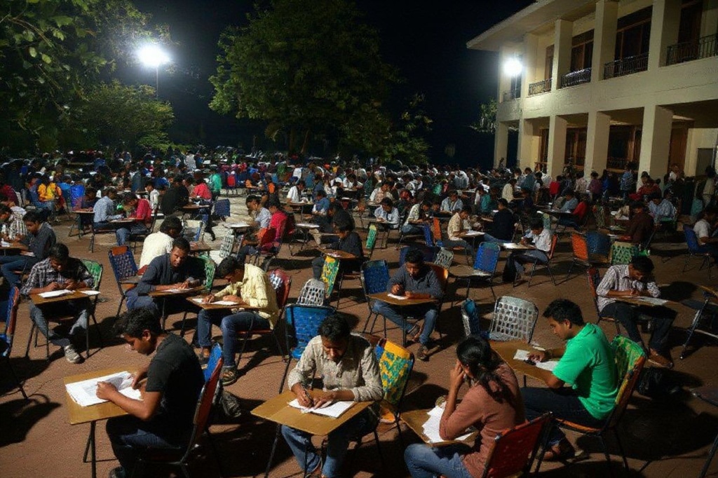 In this photograph taken on February 7, 2014 Indian students prepare for competitive exams in an open space of the City Central Library in Hyderabad.  Students preparing for exams bring chairs and occupy the open space of  the library utilising the peaceful envoronment for uninterrupted study until 8 pm.  Daily, close to 2000 students study for exams in the open space with the number increasing as the group exams approach.  PHOTO / Noah SEELAM (Photo by NOAH SEELAM / )