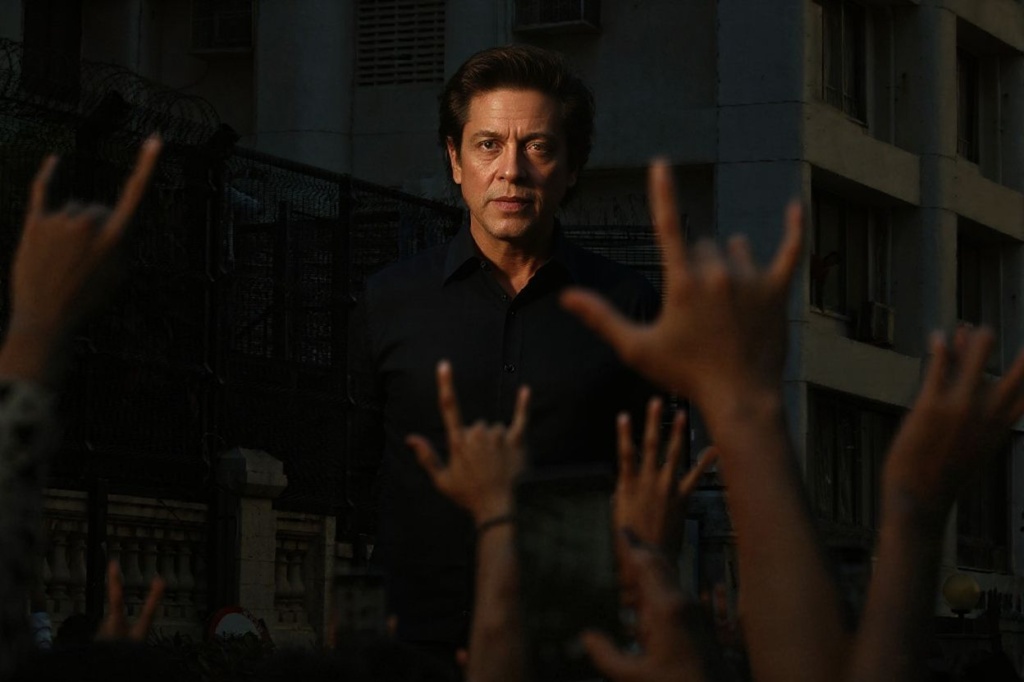 Bollywood actor Shah Rukh Khan (top) greets fans during his birthday celebrations at his Mannat residence in Mumbai on November 2, 2022. (Photo by Sujit JAISWAL / )
