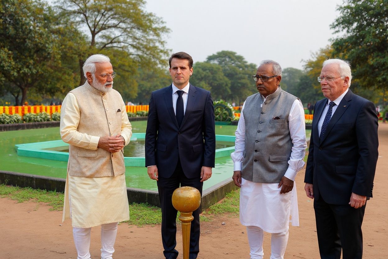 India’s Prime Minister Narendra Modi (R), France’s President Emmanuel Macron (2L), Indonesia’s President Joko Widodo (2R) and Australia’s Prime Minister Anthony Albanese (L) pay respect at the Mahatma Gandhi memorial at Raj Ghat on the sidelines of the G20 summit in New Delhi on September 10, 2023. (Photo by Ludovic MARIN / POOL / )