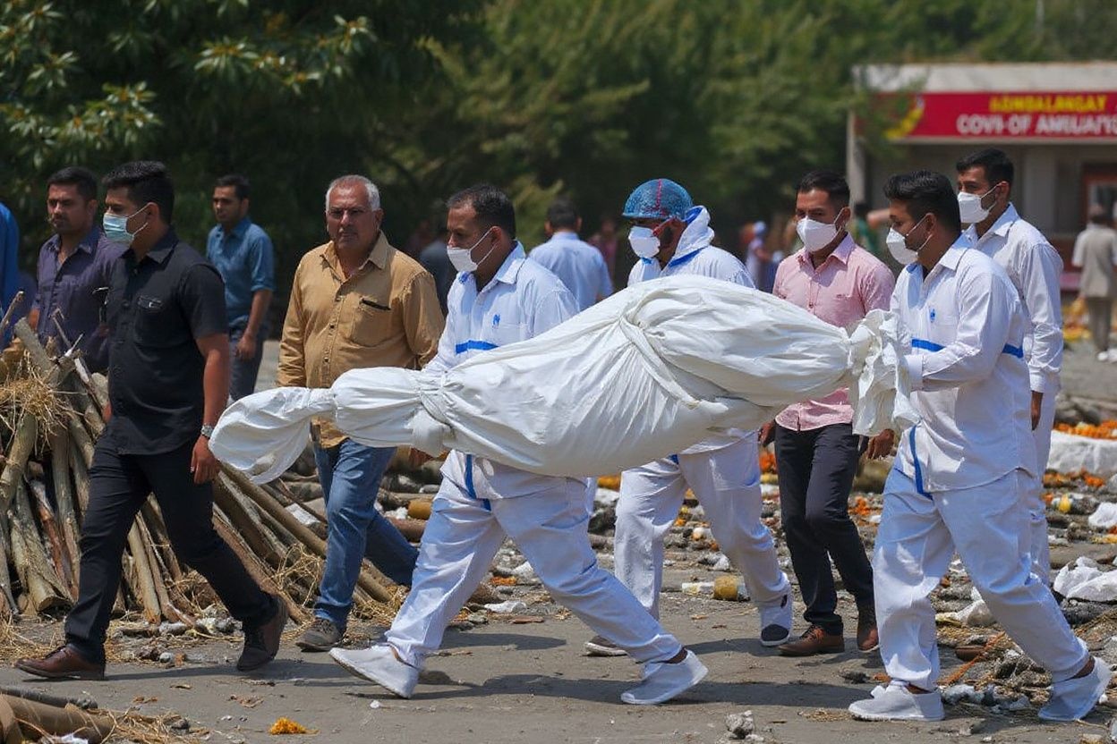 Family members and ambulance worker wearing PPE kit carry the bodies of the patients who died of the Covid-19 coronavirus at a cremation ground in New Delhi on April 27, 2021. Source: Prakash Singh/