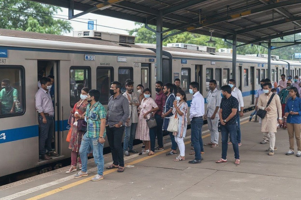 Commuters wait on a platform to board a local train in Mumbai on September 8, 2022. (Photo by Indranil MUKHERJEE / )