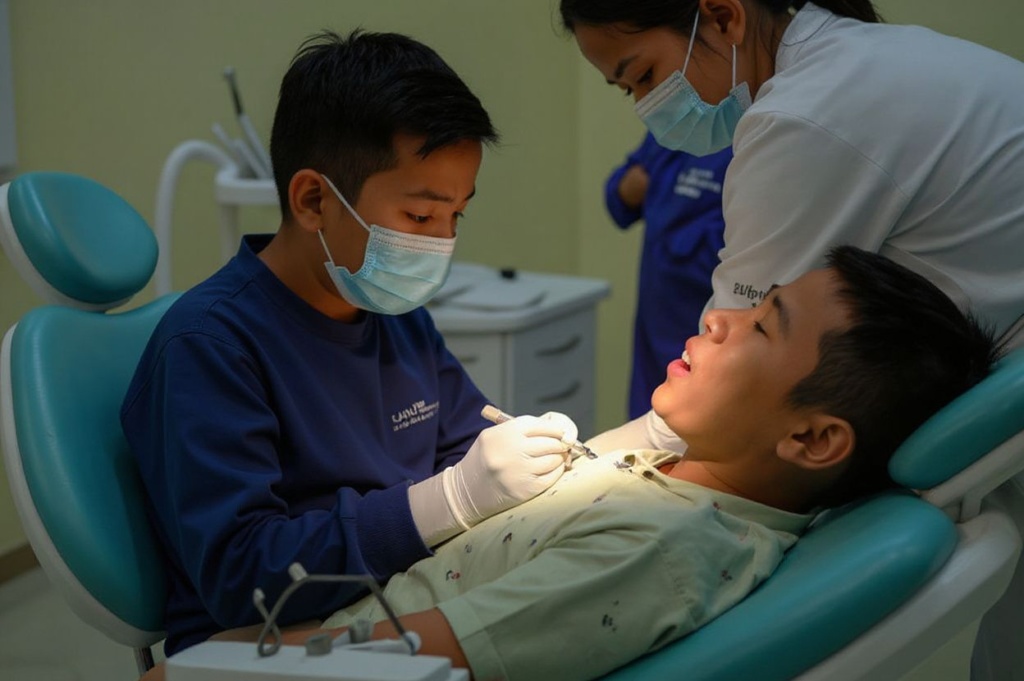 A student receives treatment from a dentist during a mass mouth and teeth healthcare program at a dental hospital in Banda Aceh on December 1, 2022. (Photo by CHAIDEER MAHYUDDIN / )