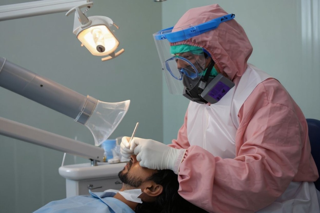 A dentist wearing full personal protective equipment amid the pandemic tends to her patient at a dental clinic in Bandung on January 19, 2022. (Photo by TIMUR MATAHARI / )