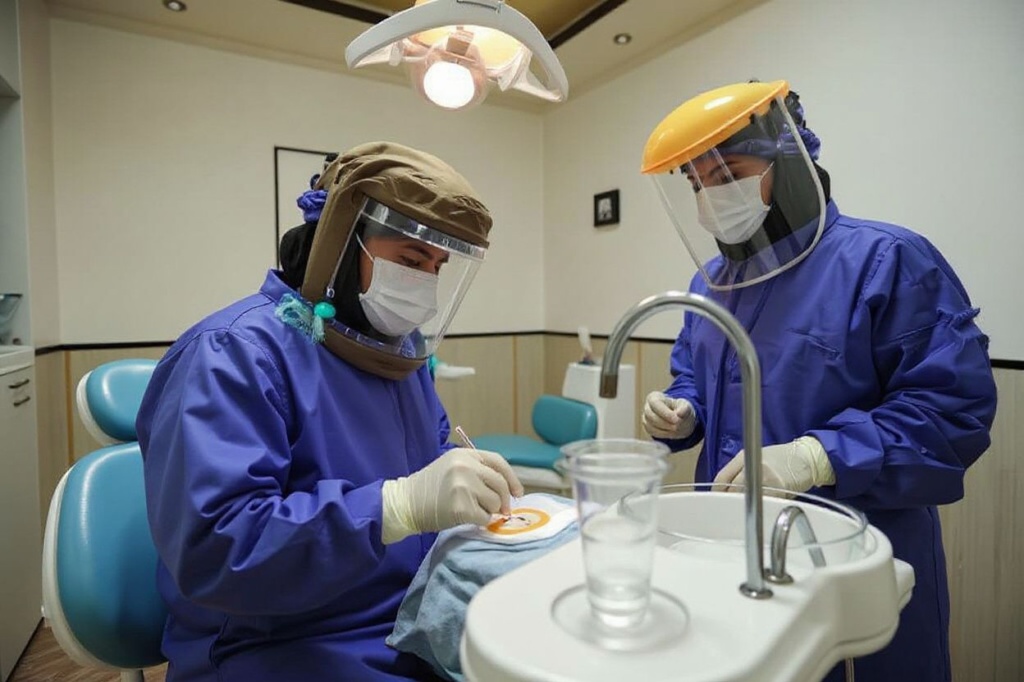 Iranian dentist Ali Jajoui (L), wearing a protective mask and a special protective cap, works with his assistant amid the COVID-19 pandemic at his clinic in Tehran on April 26, 2021. Jajuie, 44, has been using different kinds of shields and helmets for protection during the coronavirus crisis, while number of dentists have lost their lives to Covid-19 and some were forced to close their offices. Dr. Jajuie and his assistant contracted the coronavirus last year. (Photo by ATTA KENARE / )