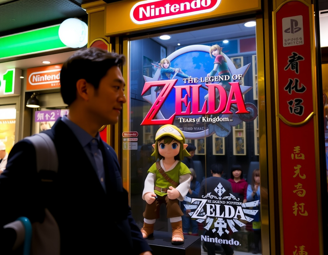 This picture taken on May 7, 2023 shows a visitor posing next to a statue of a character from Japanese gaming giant Nintendo’s video game “The Legend of Zelda: Tears of the Kingdom” on display at a store in the Akihabara district of Tokyo. Nintendo, who will report net annual earnings later on May 9, will also release the latest instalment in its long-running “Legend of Zelda” game series, titled “Tears of the Kingdom”, for the Switch on May 12. (Photo by Philip FONG / ), shot on Canon EOS R5, 24-70mm f/2.8 lens, RAW photograph, unedited, candid moment, natural lighting, photojournalistic style | NEGATIVE: AI generated, artificial, computer generated, digital art, 3d render