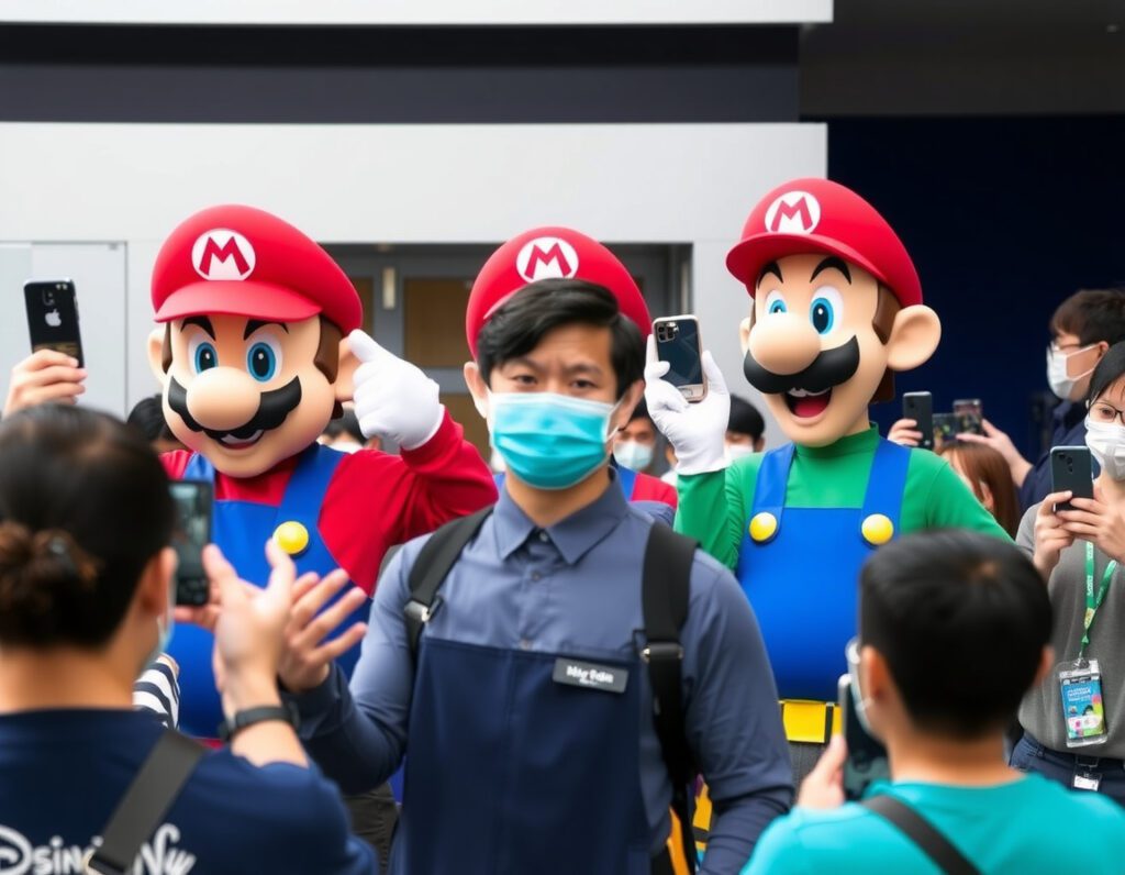 In this picture taken on March 17, 2021, a staff member (front) rousing fans (C, obscured) for posed photographs with Super Mario Bros. characters Mario (R) and Luigi (L) during a media preview of the Super Nintendo World at Universal Studios Japan in Osaka. (Photo by Philip FONG / ), shot on Nikon D850, 35mm f/1.8 lens, RAW photograph, unedited, candid moment, natural lighting, photojournalistic style | NEGATIVE: AI generated, artificial, computer generated, digital art, 3d render