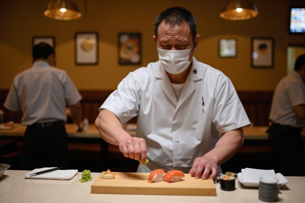 A Japanese sushi master prepares sushi with fresh wasabi at his restaurant in Tokyo. Source: .