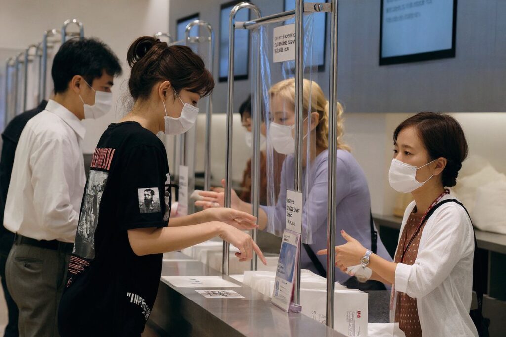 Customers (L) purchase face masks made by Japan’s Fast Retailing Co. at a Uniqlo store in Tokyo’s Ginza shopping district on June 19, 2020. (Photo by Kazuhiro NOGI / )