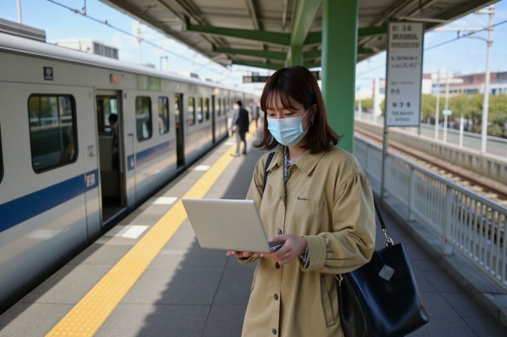 A woman works on her laptop computer while entering a train at Gotanda train station in Tokyo on April 8, 2020, on the first day of the state of emergency. Japan on April 7 declared a month-long state of emergency over a spike in coronavirus cases, ramping up efforts to contain infections but stopping short of the strict lockdowns seen in other parts of the world. (Photo by CHARLY TRIBALLEAU / )