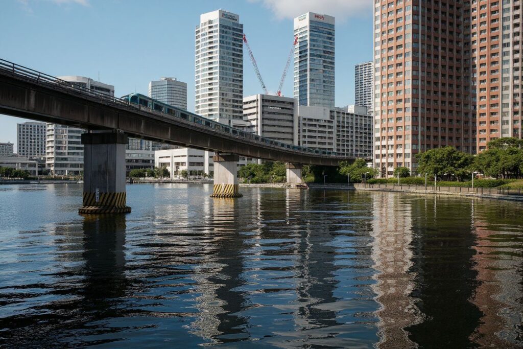 A train passes on the backdrop of buildings at a water front in Tokyo — an attractive student destination. Source: Yasuyoshi Chiba/