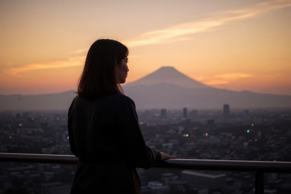 A woman looks at the sunset from an observatory deck with Mount Fuji in the background, Japan’s highest mountain at 3,776 meters (12,388 feet), in Tokyo on September 23, 2021. (Photo by Charly TRIBALLEAU / )