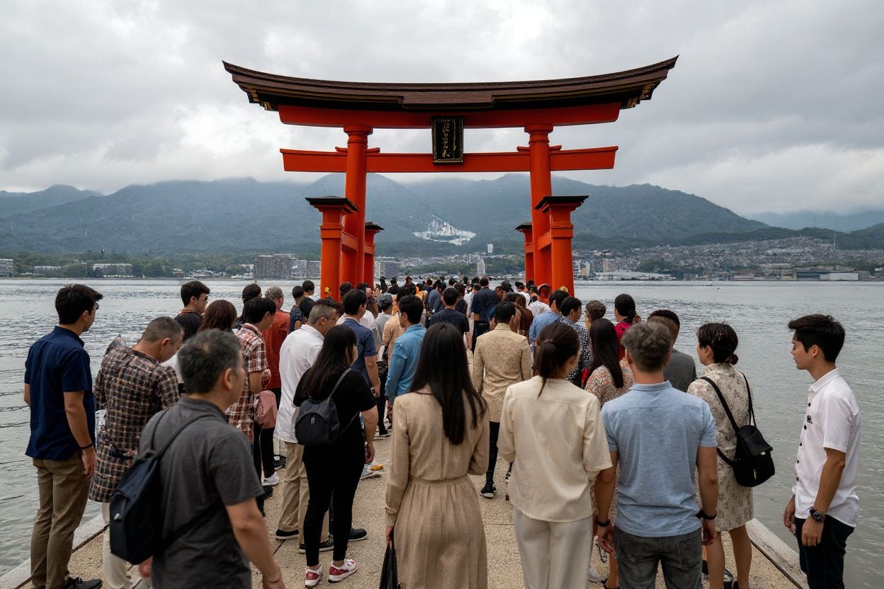 Just look at this neverending line of tourists gathering in front of the iconic torii of Itsukushima Shrine. Source: