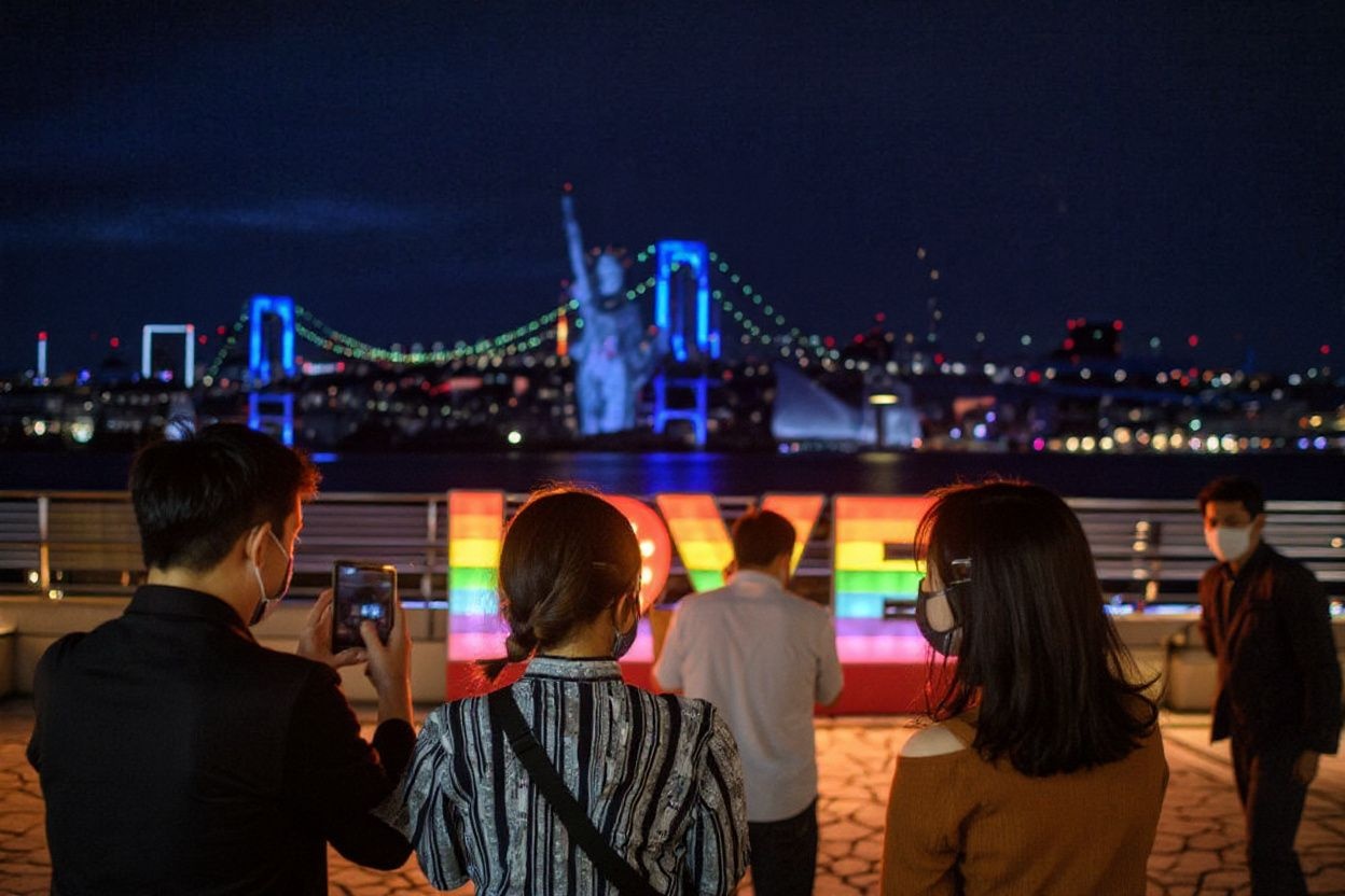 People wearing face masks take pictures at Odaiba area of Tokyo. Japan is the latest country to recognise same-sex unions. Source: Philip Fong/