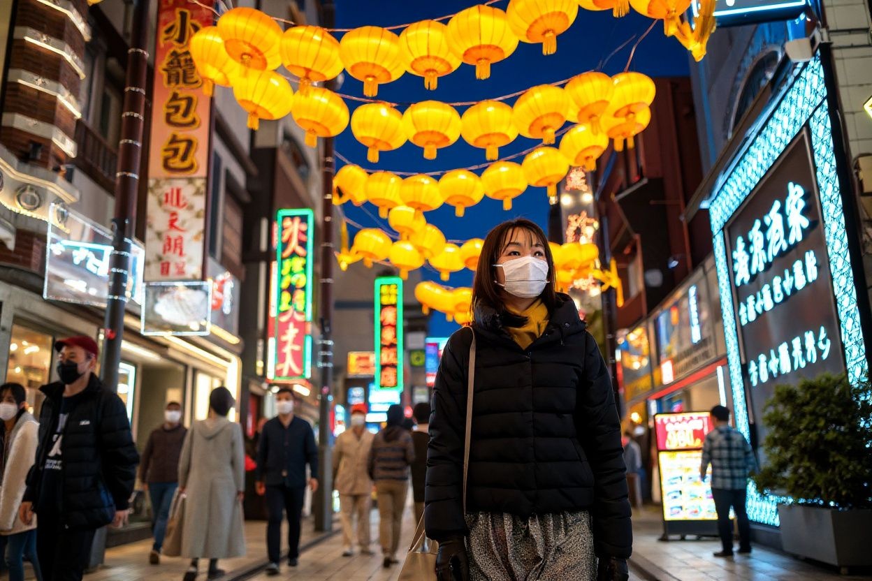 People walk underneath festive lanterns in the Chinatown shopping street in Yokohama on January 16, 2022, ahead of the Chinese Lunar New Year of Tiger. (Photo by Philip FONG / )