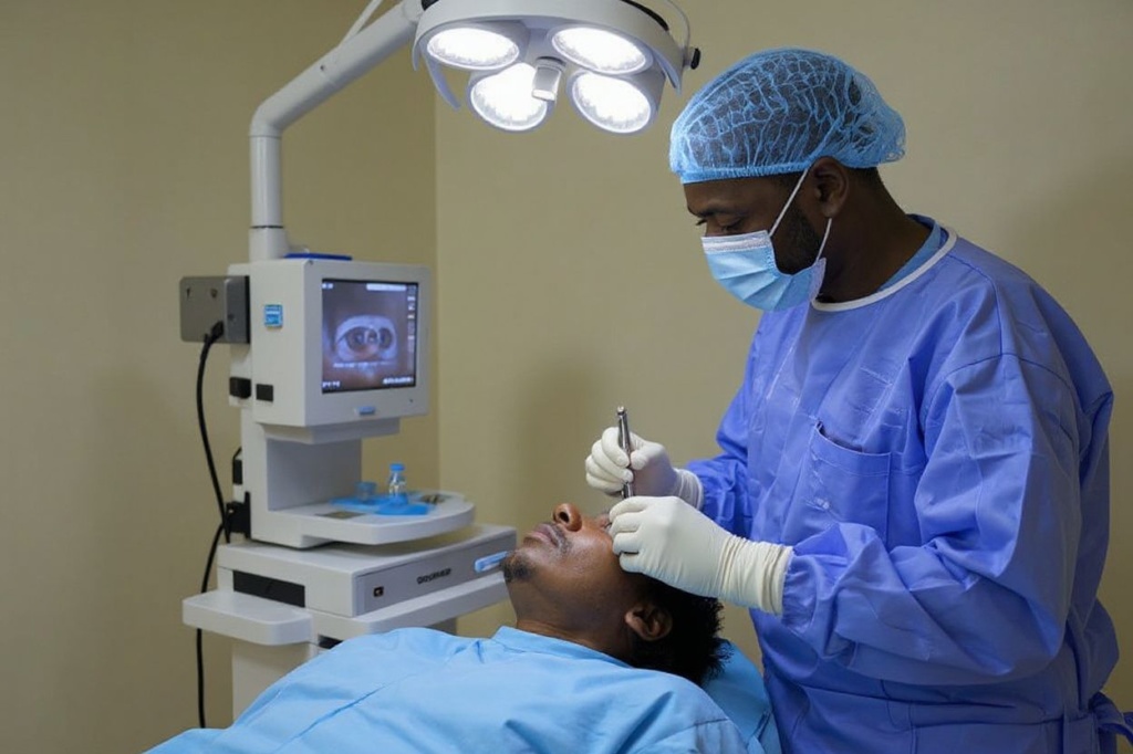 A surgeon performs a cornea transplant surgery on a patient at Lions SightFirst Eye Hospital in Nairobi on August 12, 2023. Cultural and religious beliefs prevent many people from donating their organs in Kenya, including their corneas. The lack of donations is creating a backlog for cornea surgeries in many hospitals, with waiting lists reaching over 1000 people. Lions EyeSight First Hospital has a special unit on call 24/7 to harvest corneas from the few people willing to donate them after they die. (Photo by Patrick Meinhardt / )
