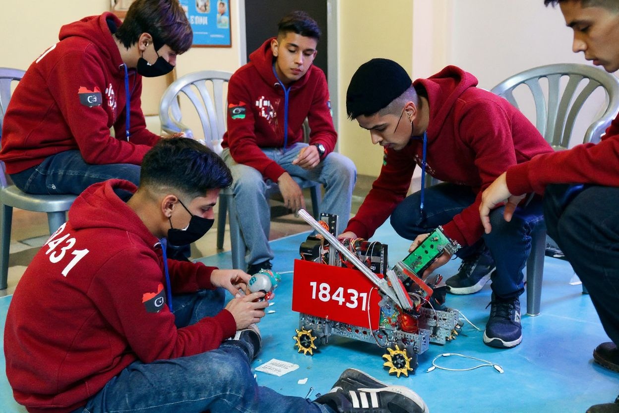 Libyan youths take part in the yearly First Tech Challenge, a country-wide robotics competition, as regional qualifiers for Libya begin in the eastern city of Benghazi, on Febryary 3, 2022. (Photo by Abdullah DOMA / )