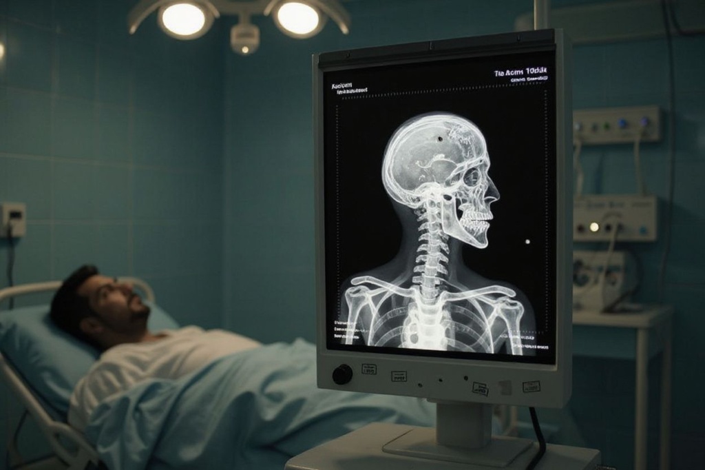 The X-ray scan of a wounded anti-regime demonstrator shows a bullet lodged in his brain while he is nursed at the intensive care unit at a hospital in the eastern city of Tobruk on February 25, 2011. Libya was on edge as forces loyal to Moamer Kadhafi’s crumbling regime staged a bloody fightback in western towns near Tripoli and the east declared itself free of his iron-fisted rule. PHOTO/MARCO LONGARI (Photo by MARCO LONGARI / )