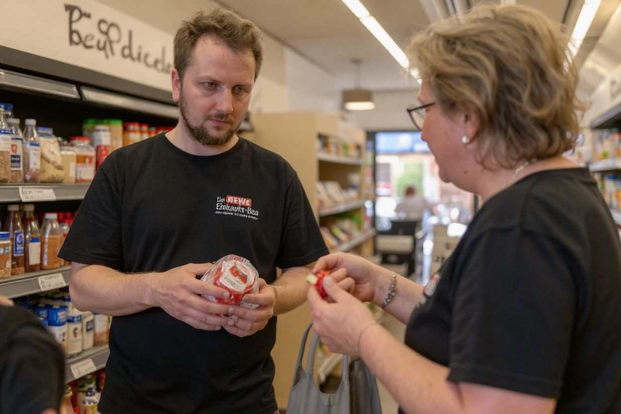 Bagging groceries as a cashier is still a nice, simple part-time job that any student can take up., shot on Canon EOS R5, 24-70mm f/2.8 lens, RAW photograph, unedited, candid moment, natural lighting, photojournalistic style | NEGATIVE: AI generated, artificial, computer generated, digital art, 3d render