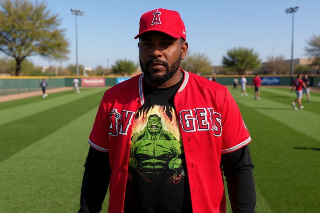 PEORIA, ARIZONA – MARCH 07: A fan is seen wearing a Hulk themed shirt under their Angels’ jersey during a spring training game between the Los Angeles Angels and the Seattle Mariners at Peoria Sports Complex on March 07, 2024 in Peoria, Arizona.   Aaron Doster/Getty Images/ (Photo by Aaron Doster / GETTY IMAGES NORTH AMERICA / Getty Images via )