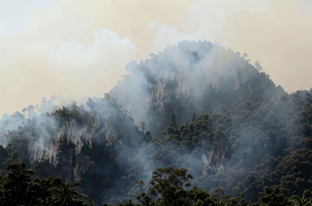 Smoke rises from forest-fires at the Batu Caves hill in Kuala Lumpur on February 26, 2016. No casualties were reported as authorities suspected recent hot and dry weather causing the fire.      PHOTO / MANAN VATSYAYANA (Photo by MANAN VATSYAYANA / )