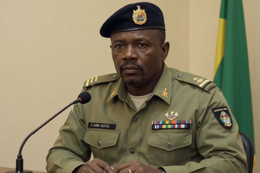 Colonel Assimi Goita speaks to the press at the Malian Ministry of Defence in Bamako, Mali, on August 19, 2020 after confirming his position as the president of the National Committee for the Salvation of the People (CNSP). The military junta that took power in Mali on August 19, 2020, asked that the population resume “its activities” and cease “vandalism” the day after the coup that ousted President Ibrahim Boubacar Keita and his government. (Photo by MALIK KONATE / )