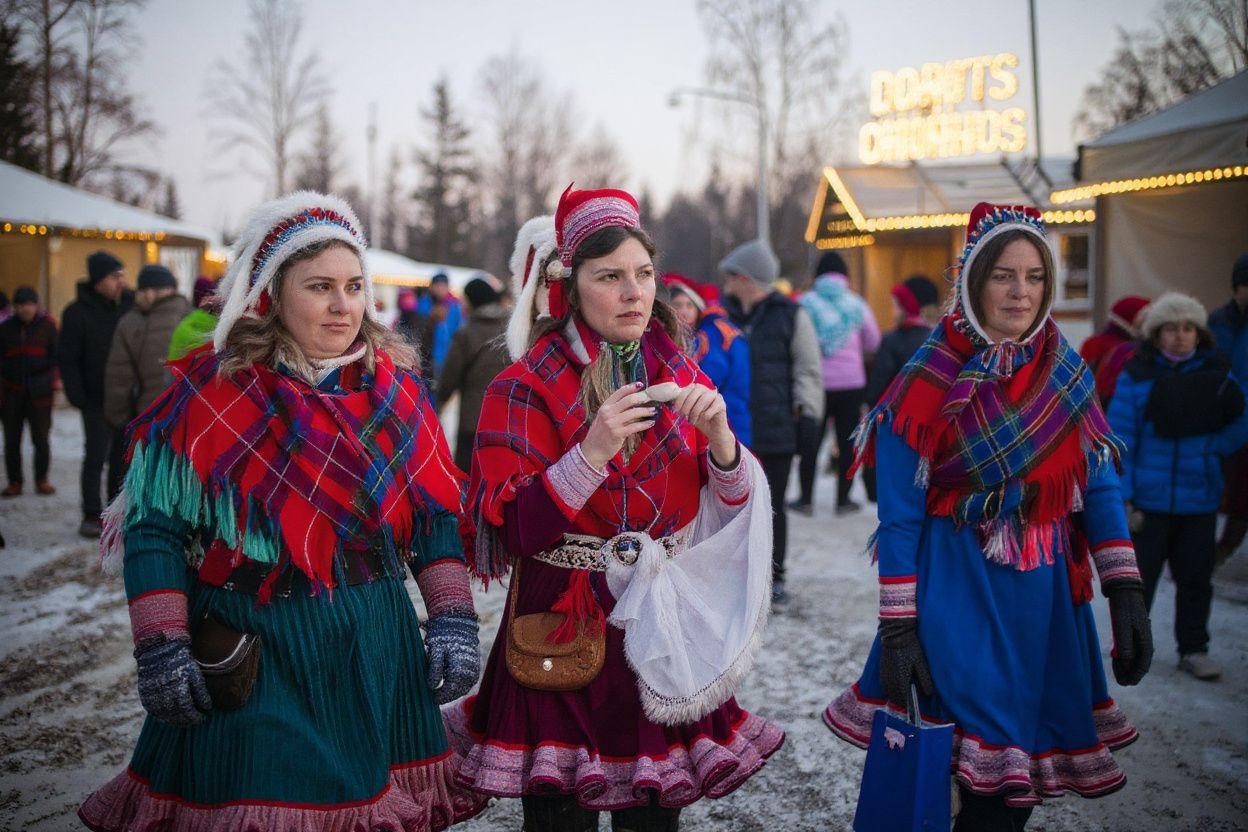 People wearing traditional Sami clothing visit the 400 year old Jokkmokk Fair in Jokkmokk, northern Sweden on February 6, 2020 on the Sami National Day. (Photo by Jonathan NACKSTRAND / )