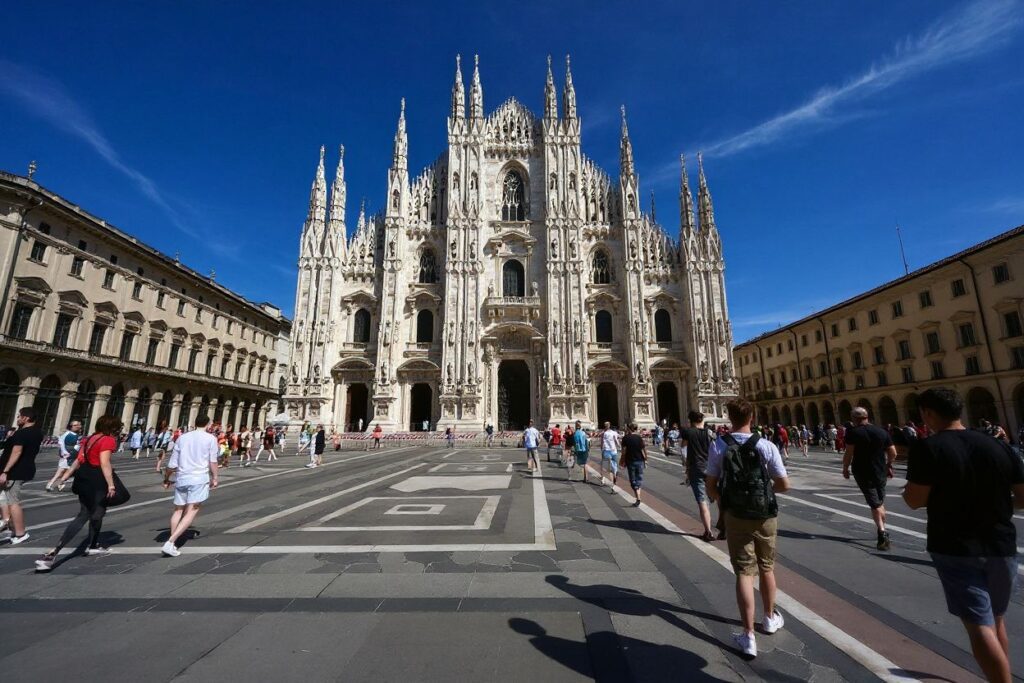 Tourists stroll on Duomo square in front of the Duomo Cathedral, centre Milan, on August 5, 2021. Source: Miguel Medina/