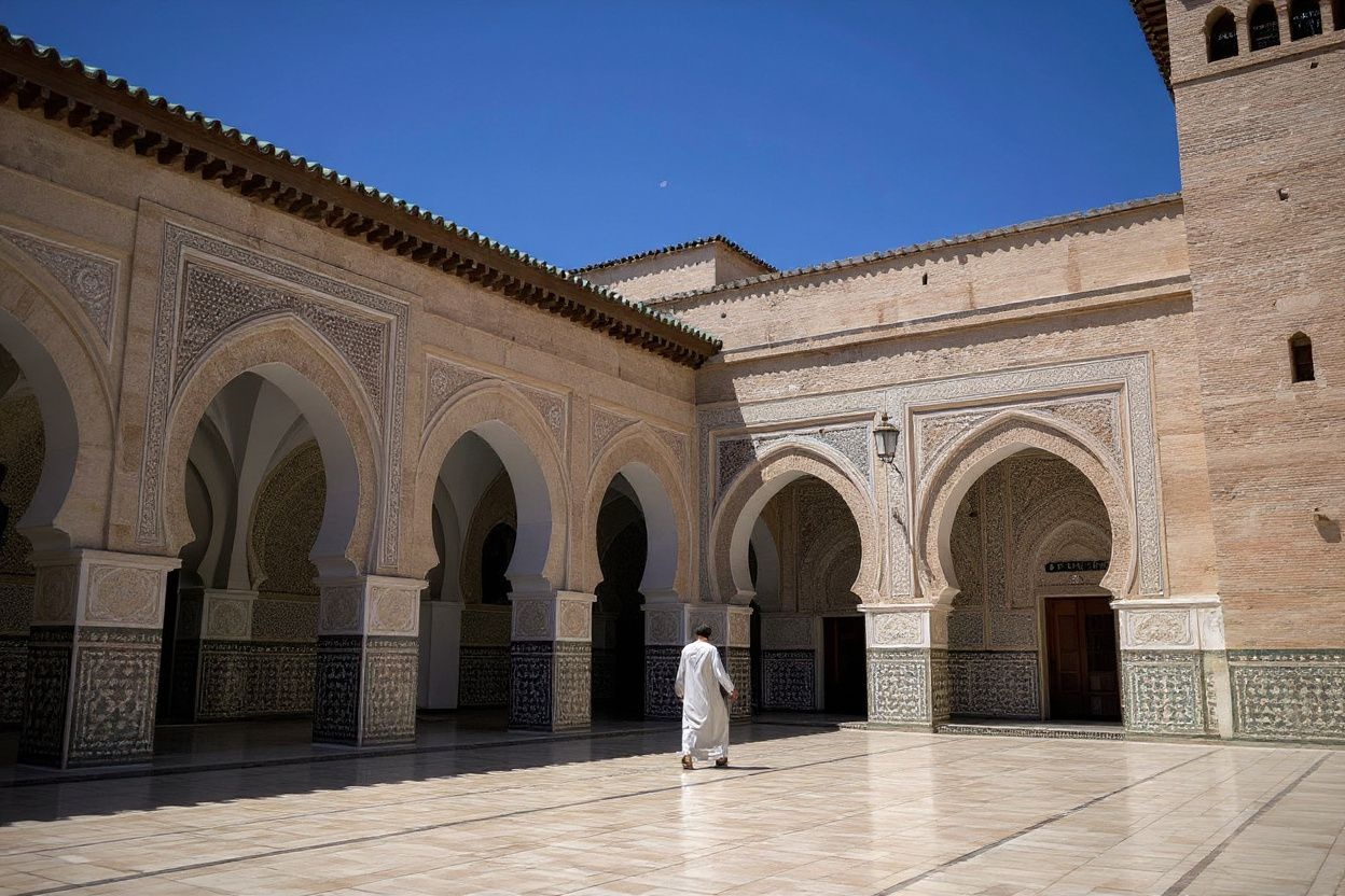 The Qarawiyyin mosque is also a Theological university that was built between 857 and 859 AD in Fez., shot on Sony A7R IV, 85mm f/1.4 lens, RAW photograph, unedited, candid moment, natural lighting, photojournalistic style | NEGATIVE: AI generated, artificial, computer generated, digital art, 3d render
