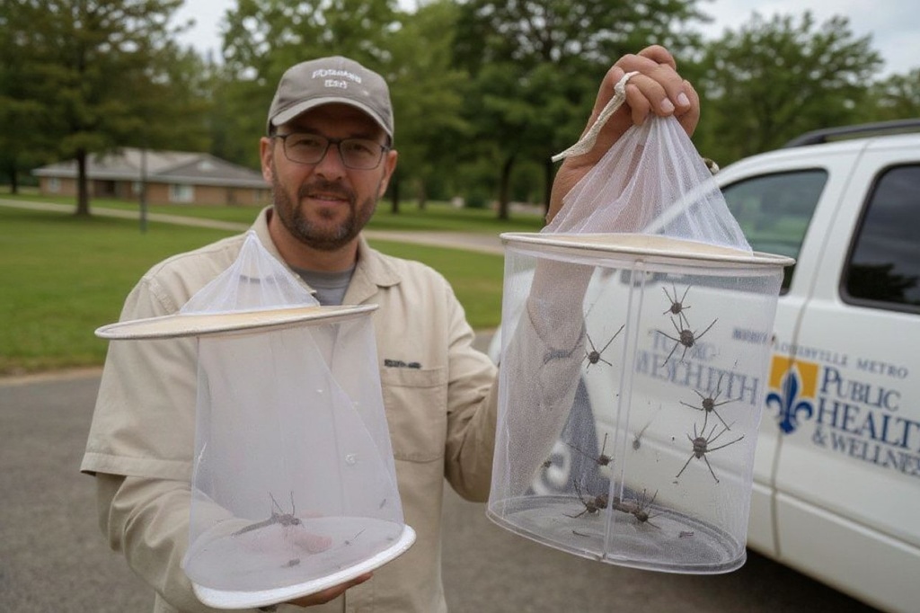 LOUISVILLE, KY – AUGUST 25: Matthew Vanderpool, environmental health specialist and entomologist for the Louisville Metro Department of Public Health and Wellness, holds up a gravid mosquito trap full of mosquitos on August 25, 2021 in Louisville, Kentucky. Vanderpool specializes in mosquito control, a public health process that involves placing traps to collect specimen, identifying various mosquito species, and testing the samples for mosquito-borne diseases. Lab technologists test for Saint Louis encephalitis, West Nile virus, La Crosse encephalitis, and Eastern equine encephalitis.   Jon Cherry/Getty Images/ (Photo by Jon Cherry / GETTY IMAGES NORTH AMERICA / Getty Images via )