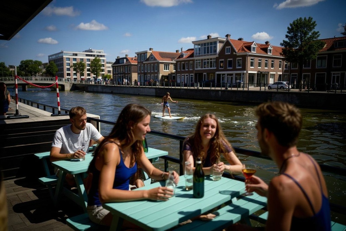 People watch a surfer riding on a canal while having a drink on a terrasse in Rotterdam on August 11, 2024. (Photo by JULIEN DE ROSA / )