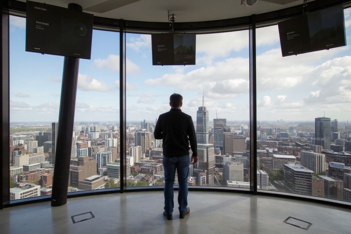 View of the 360° panorama skybar & restaurant inside the  A’Dam tower in Amsterdam on April 13, 2017. All around the panoramic views there are interactive panels giving people informations about the city. (Photo by Aurore Belot / )