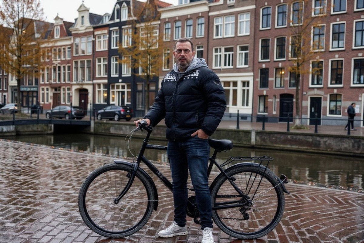 A man stands next to his bicycle in Amsterdam, on November 17, 2024. (Photo by Simon Wohlfahrt / )