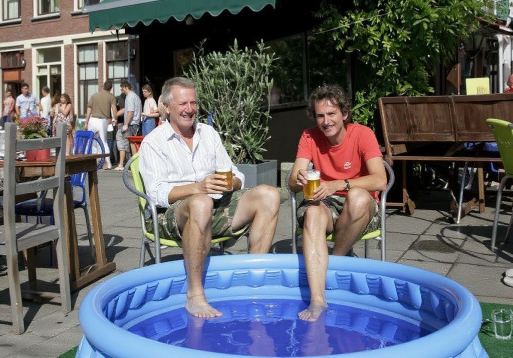 Jasper (L) and Marien (R) enjoy the sun, a beer and a cold footbath at Cafe Binnen Buiten on the Ruysdaelkade in Amsterdam, 23 July 2006. Record-breaking temperatures are being recorderd all over Europe, as well as a number of victims linked to the heatwave, which is expected to last for another week. July will probably be the hottest month ever recorded in The Netherlands.  PHOTO MAARTJE BLIJDENSTEIN. (Photo by MAARTJE BLIJDENSTEIN / )