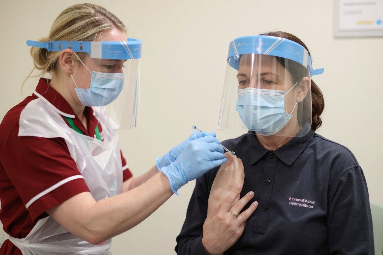 A nurse practitioners fill a needle with the Covid-19 vaccine before administering it to Sister Joanna Sloan (L), the first person in Northern Ireland to receive the first of two Pfizer/BioNTech Covid-19 vaccine jabs, at the Royal Victoria Hospital, in Belfast on December 8, 2020. Britain on December 8 hailed a turning point in the fight against the coronavirus pandemic, as it begins the biggest vaccination programme in the country’s history with a new Covid-19 jab. (Photo by Liam McBurney / POOL / )