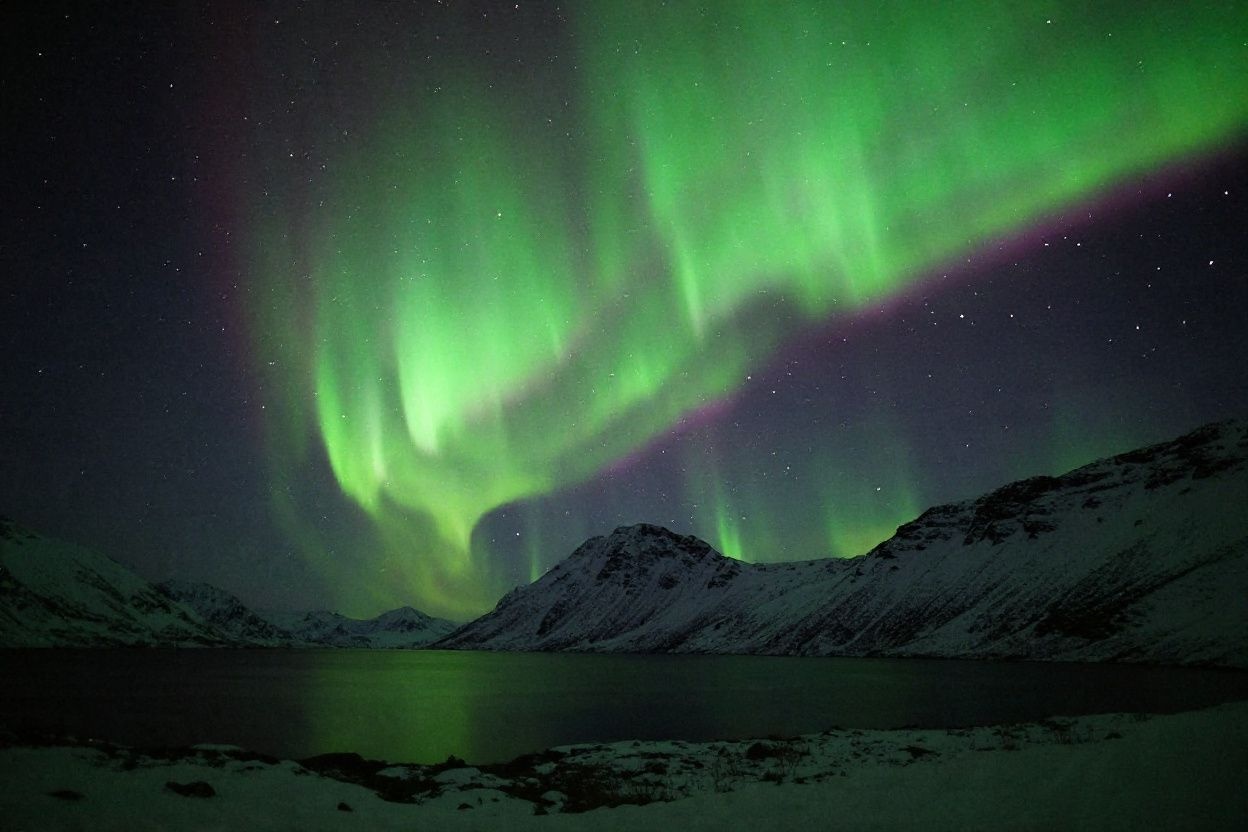 The northern lights (aurora borealis) illuminates the sky in Norway.