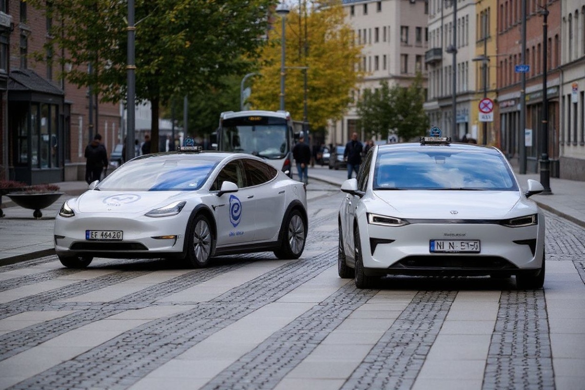 Oslo Taxi’s Tesla model Y (L) and the NIO ET5 electric vehicle from Nio Inc, a Chinese multinational electric car manufacturer, drive through the Norwegian capital Oslo, on September 27, 2024. – Despite being a major oil and gas producer, Norway has adopted the most ambitious objective in the world. The plan is that only “zero emission” private cars will be sold from 2025 and onwards. (Photo by Jonathan NACKSTRAND / )